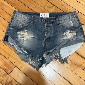 One Teaspoon Distressed Twisted Cuff Hem Long Rise  Bandit Shorts